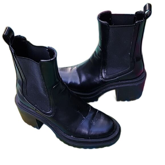 Zara Boots Womens Sz 5.5 US 36 EU Black Leather Chelsea Ankle High Block Heel - Picture 1 of 9